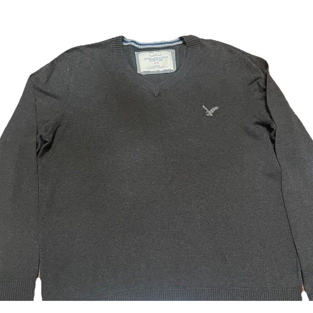 American Eagle Mens Sweater Large Gray V-Neck Pullover Knit Preppy Grandpacore L